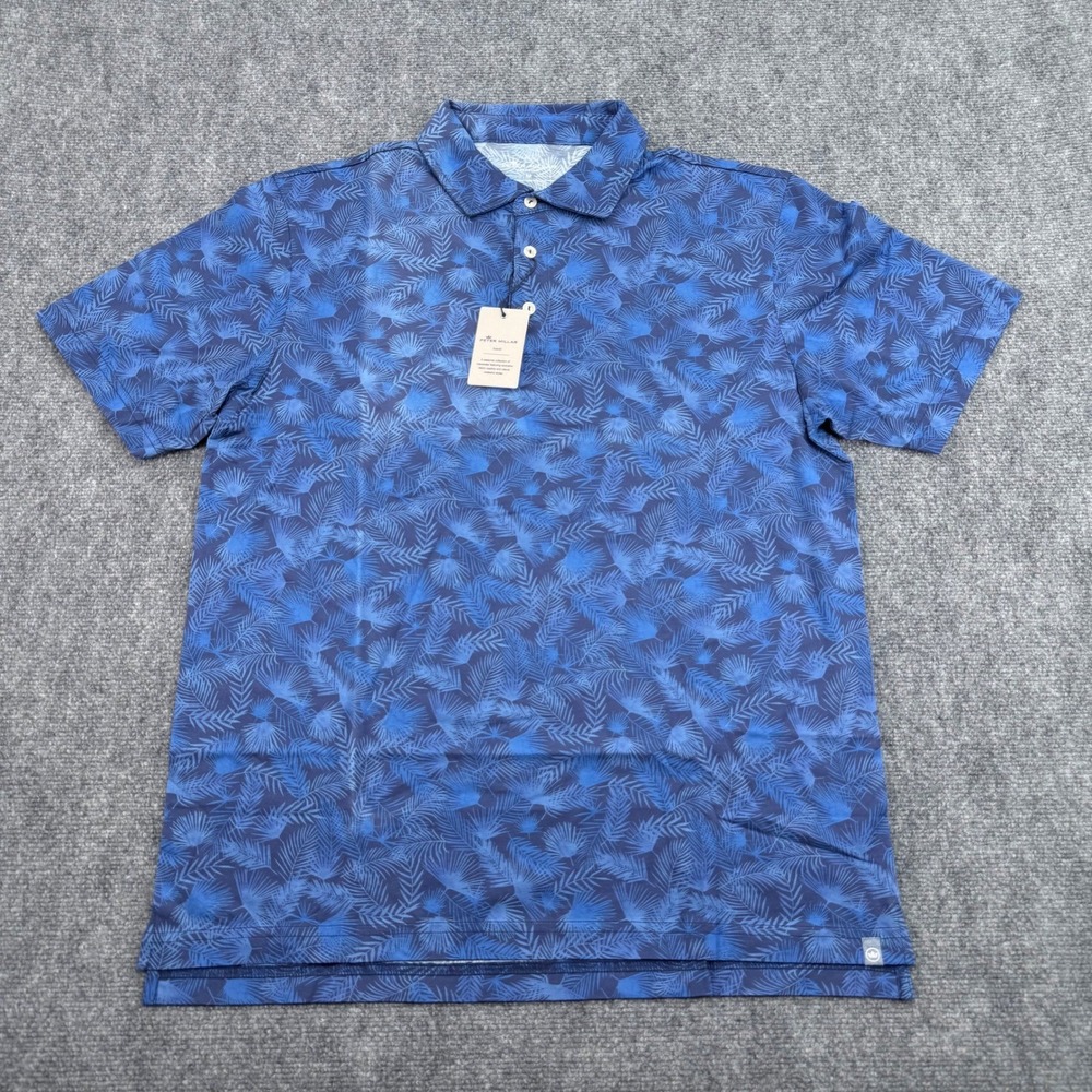 Peter Millar Polo Shirt Men Medium Seaside Tropical Leaf Print Pima Cotton *FLAW